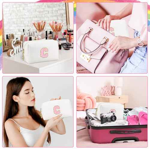 Initial Makeup Bag,Personalized preppy bag Waterproof PU Leather Chenille Letter Cosmetic Bag,Portable Travel Toiletry Bag Monogram Birthday Gift for Women Girls Mom Friends (Letter C)
