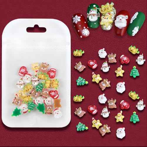 30 Pcs Christmas Snowman Nail Charms Resin Cute Santa Claus Nail Rhinestones Bell Elk Christmas Cartoon Resin Design Nail Art Charms Acrylic Nail Art Accessories Christmas Nail DIY Decoration Women