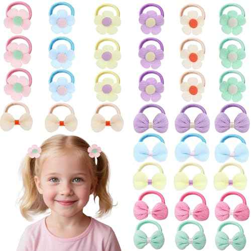 36 Pcs Toddler Hair Ties, Girls Hair Accessories Baby Hairs Bows Cute Flower Hairties Little Girls Hairbands for Thick Hairs, Baby Scrunchies for Infant Soft Pink, Yellow, Green, Purple, Blue