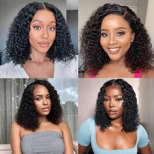 13x6 Deep Wave Lace Front Wigs Short Curly Bob Wig Human Hair 200 Density HD Glueless Lace Frontal Human Hair Wigs for Black Women Pre Plucked Natural Black 10 Inch