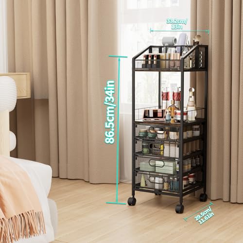 HapiRm Makeup Organizer Storage Cart - Floor Skincare Make Up Storage with 4 Drawers, Rolling Makeup Cart Vanity Organizer Cosmetics Display Cases Holder for Skin Care Perfume Nail Polish