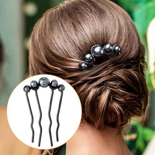 2 Pcs Pearl Hair Pins U Shaped, Elegant Vintage French Pearl Hair Comb, French Twist Hair Pin for Brides, Bridesmaid, Party, Daily, Holiday (Gun Black)