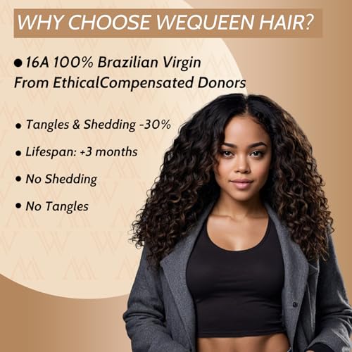 Wequeen 16A Deep Wave Human Hair Bundles 14 16 18 Inch 100% Unprocessed Brazilian Virgin Hair Quick Weave Bundles Human Hair Extensions Real Human Hair, Natural Black
