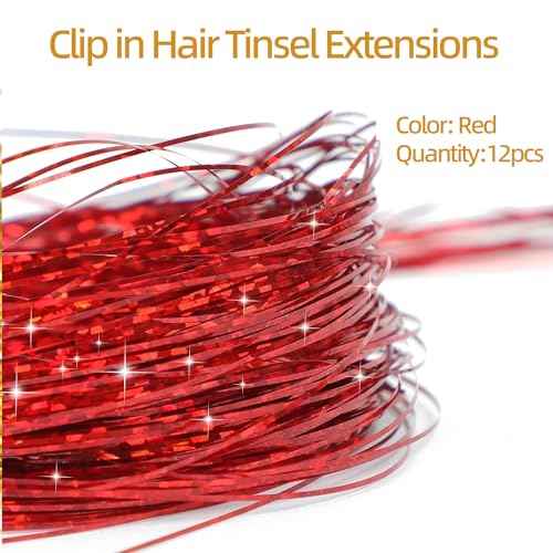 12PCS Tinsel Hair Extensions Glitter Hair Extension Clip in Gold Sparkling Fairy Hair Tinsel Kit Shiny Highlights Colorful Heat Resistant Hair Accessories for Girls Xmas New Year Party-Red