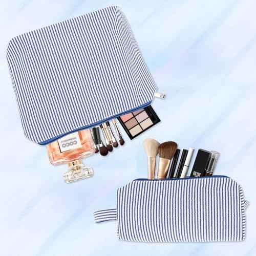 2 Pcs Makeup Bag, Toiletry For Women Cosmetic Bags Quilted Set Striped Preppy Make Up Pouch Gingham (Blue)