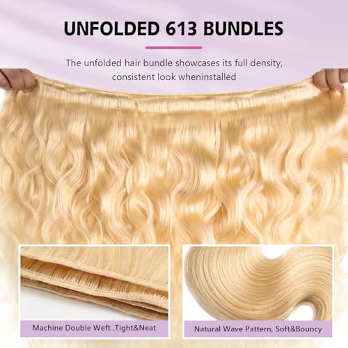 613 Bundles Human Hair Body Wave Single Bundle 32 Inch Blonde Human Hair Bundles 12A Grade 100% Unprocessed Brazilian Virgin Hair Weave Body Wave 100G Machine Double Weft