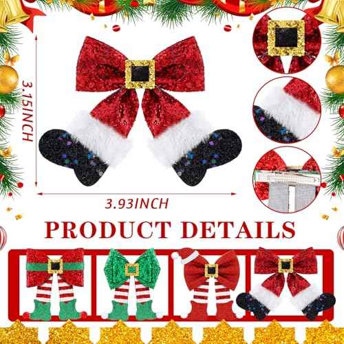 4 Pack Christmas Hair Clips Glitter Sequins Red Bow Hair Clips Glitter Bow Party Cute Decoration Deer Antler Elf Headdress Christmas Decor for Women Gifts