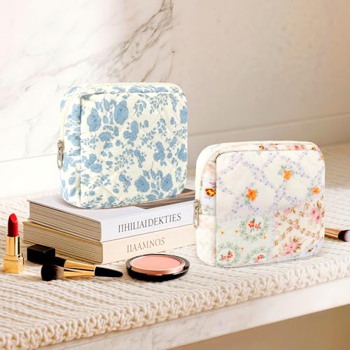 ZLFSRQ Small Quilted Makeup Bag for Purse Mini Flower Quilted Pouch Cute Cotton Makeup Bag with Compartments Aesthetic Cosmetic Bags for Women Coquette Zipper Lipstick Pouch Travel Essentials