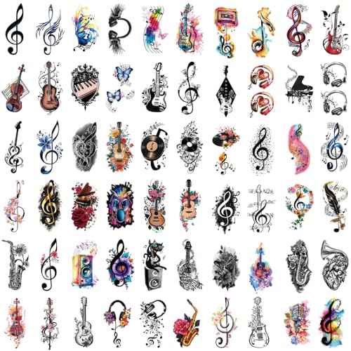 77 Sheets Music Temporary Tattoos Adult Kids Fake Tattoos Birthday Festival Party Favors Half Arm Sleeves Guitar Violin Piano Music Notes Stickers for Men Women