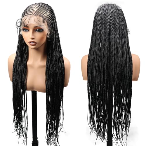 lumeng 13X6 HD Lace Front Cornrow Braided Wigs for Women Knotless Braided Wigs 32" Box Braid Wig with Baby Hair Premium Synthetic Lemonade Braids Natural Looking Hair Black Braided Lace Front Wigs