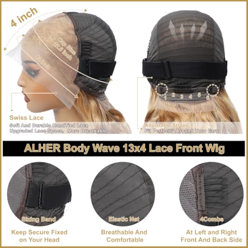 ALHER #27 Honey Blonde Lace Frontal Wig Human Hair Body Wave 180% Density, Blonde Colored 13x4 HD Lace Front Wig Pre Plucked With Baby Hair Ear to Ear, 100% Virgin Remy Hair for Black Women 22 IN