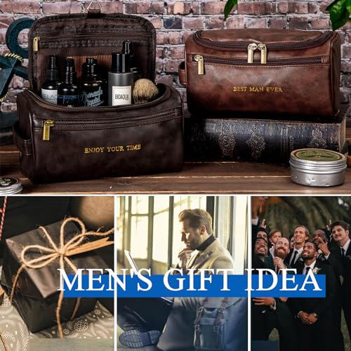 Flycalf Mens Toiletry Travel Bag Customized Mens Leather Toiletries Grooming Bag for Men Shaving Bag Hanging Water Resistant Organizer (Brown)