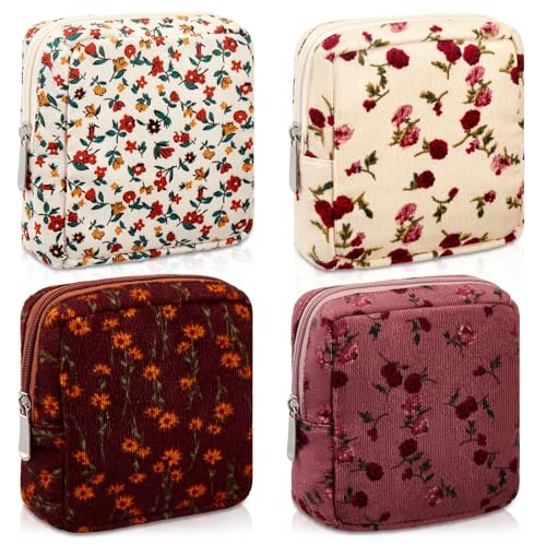 Abbylike 4 Pcs Floral Makeup Bag Cosmetic Bag with Zipper Portable Small Pouches for Purse Toiletry Mini Pouch Cute Mini Makeup Purse for Coin Essentials Items Women (Retro)