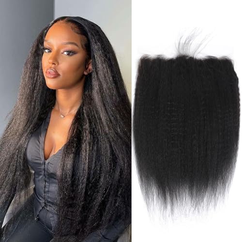 Kinky Straight Frontal 13x6 Frontal Human Hair Transparent HD Lace Frontal Yaki Straight Frontal Closure 100% Human Hair Ear to Ear Lace Frontal Natural Black Color 18 Inch 150% Density