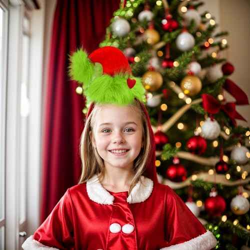 Green Furry Headband Christmas Hat Headband with Red Heart Cute Headpiece Funny Novelty Costume Accessories Christmas Party Favors Women Men