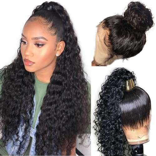 Hidden Strap 360 Drawstring Full Lace Front Wigs Human Hair Pre Plucked 200 Density Deep Wave 360 Invisible Drawstring Glueless Wet And Wavy HD Lace Front Wig Human Hair For Black Women 14 Inch