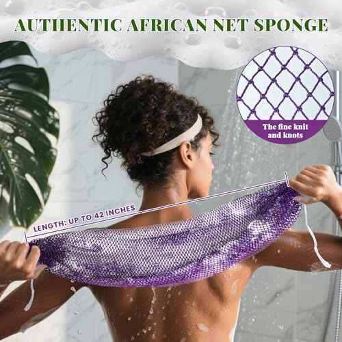 African Net Sponge Authentic, 3 Pieces Exfoliating Scrubber Bath Sponge for All Skin Types, Back Scrubber Loofah Washcloth for Shower, Gentle Exfoliation, Gift 1 Travel Bag (Purple, Pink, Dark Green)