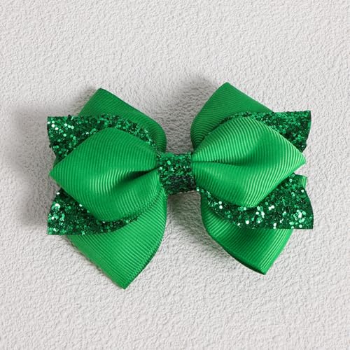 4" Glitter Christmas Green Hair Bow Clips Girls Sparkly Ribbon Sequin Bow Cheer Barrettes Alligator Hairpins for Teens Toddler Kids St Patrick's Day Easter outfit Dress Decor Accessories Gift