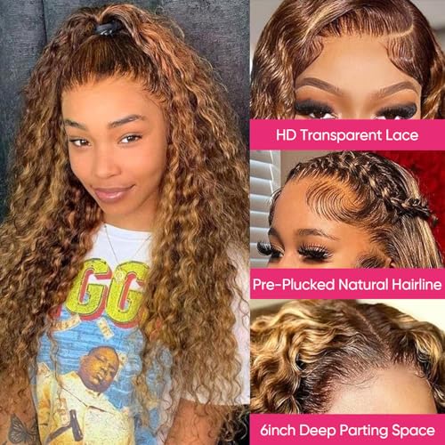 Honey Blonde Ombre Lace Front Wig Human Hair 13x6 HD Highlight Deep Wave Lace Front Wigs Human Hair Pre Plucked 200% Density 4/27 Colored Curly Frontal Wigs for Women 24 Inch