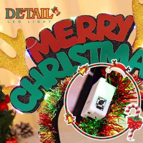 ACEDRE Light Up Merry Christmas Headband Glowing Led Xmas Reindeer Antlers Headpiece Holiday Festive Costume Hair Accessory for Women