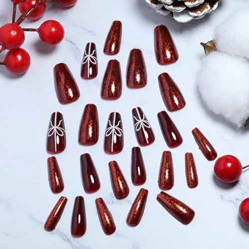 Christmas Press on Nails Long Coffin Fake Nails Wine Red Press on False Nails with White Gift Banderole Tips Designs Red Glitter Cute Acrylic Nails Full Cover Holiday Glue on Nails for Women and Girls