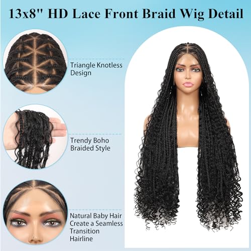 13x8'' HD Lace Front Boho Braided Wig Knotless Braided Wigs for Black Women Box Braid Wig Premium Synthetic Braided Lace Front Wig with Baby Hair Long Black 36 Inch