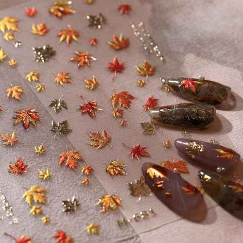 5D Embossed Autumn Maple Leaves Nail Stickers for Nail Art Thanksgiving Day Nail Art Stickers Fall Nail Decals Self-Adhesive Gold Maple Leaf Nails Sticker for Women Girls Nail Supplies