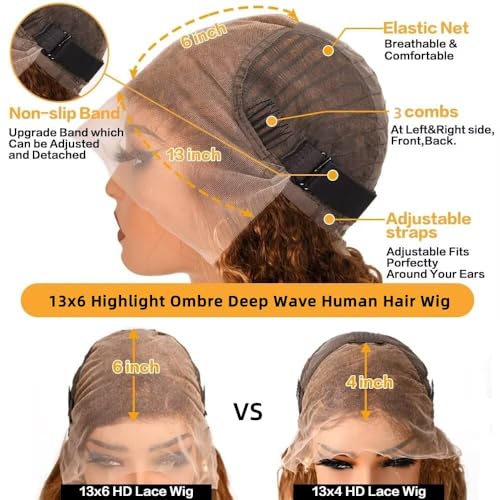 Honey Blonde Deep Wave Wigs Human Hair Highlight Ombre Lace Front Wigs Human Hair 4/27 Curly Wig for Black Women 200% Density 13x6 Wet and Wavy Human Hair Wig