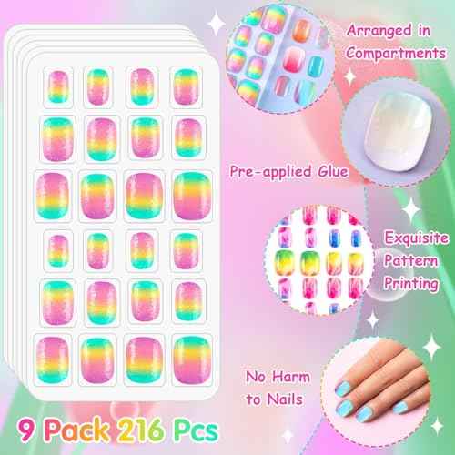 216Pcs 9 Pack Kids Press on Nails Grils Full Cover Short False Stick on Nail Tips for Kids Nail Art Decoration Christmas Birthday Valentine's Party Favors Gift(Gradient Style)
