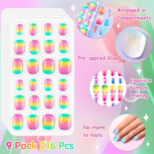 216Pcs 9 Pack Kids Press on Nails Grils Full Cover Short False Stick on Nail Tips for Kids Nail Art Decoration Christmas Birthday Valentine's Party Favors Gift(Gradient Style)
