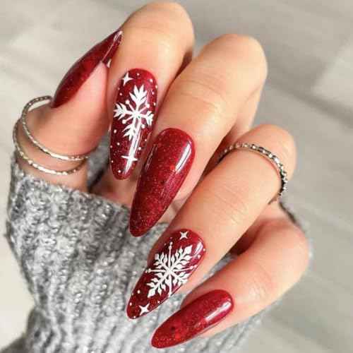 24 Pcs Red Christmas Press on Nails Medium Length Fake Nails with White Snowflakes Design Stick on Nails for Women Glitter Shiny Glossy Acrylic Artificial Nails Christmas Nails Decorations