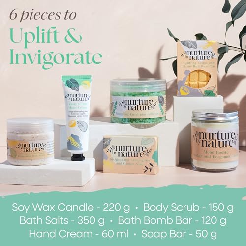Nurture by Nature RELAX & UPLIFT Spa Kit for Women ? Birthday Gifts for Women ? 6 Piece Gift Basket with Hand Soap, Body Scrub, Hand Cream & More - Vegan Self Care Kit - Relaxation Gifts for Her