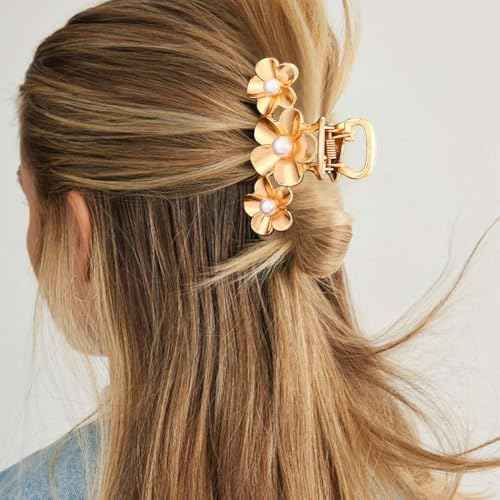 BARTOSI Small Claw Clips Gold Metal Hair Clips Cute Fancy Hair Claw Clip Flower Hair Accessories for Women and Girls (Pack of 2)