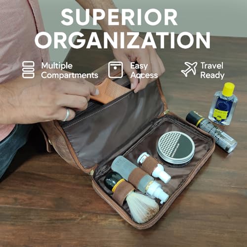 Leather Toiletry Bag for Men - Travel Shaving Dopp Kit - Bathroom Shower Toiletries Organizer - Cosmetic Make up Bag for Women