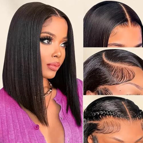 Short Bob Wigs Human Hair 13x6 Straight Bob Lace Front Wig Human Hair 200 Density 16 Inch Transparent Hd Lace Frontal Bob Glueless Wigs Pre Plucked Cut with Baby Hair Natural Black Color for Women