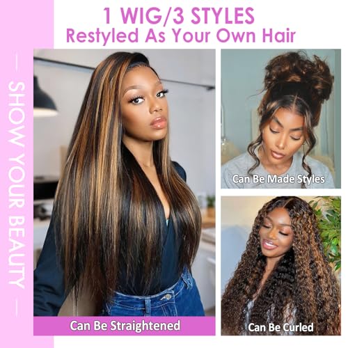 Highlight Ombre Lace Front Wig Human Hair Body Wave Lace Front Wigs Human Hair Pre Plucked 13x4 1B/30 Brown Highlight Wig 200 Density Colored 26 Inch Balayage Wigs for Women