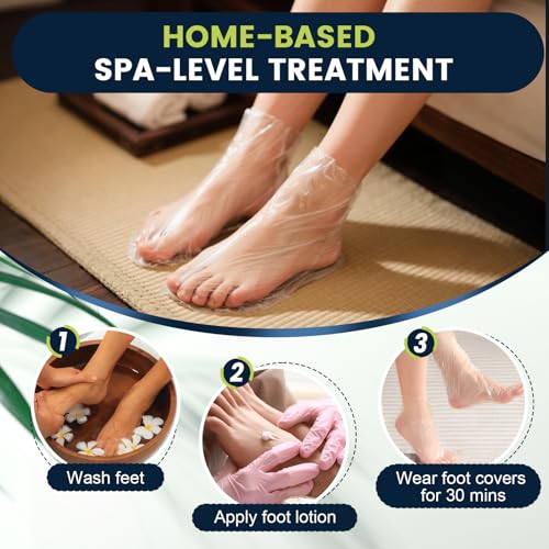 200PCS Plastic Foot Covers for Feet, Leak-Proof Plastic Foot Masks for Moisturizing Feet, Pedicure & Foot Care, 200 Stickers for Snug Closure Included (Fits up to USA 9)