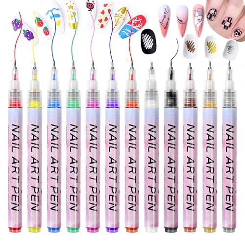 12 color Nail Art Pens, 0.5MM Fine Tip Nail Doodle Pens, Nail Art Markers Set, Upgraded Quick Dry Nail Polish Pens Kit for Painting dotting Liner Nails Design machin Tool Kit