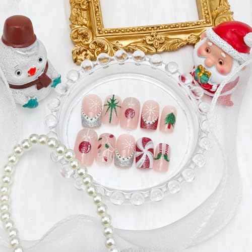24Pcs Cute Christmas Press on Nails Medium Square French Tip Fake Nails Candy Canes Christmas Tree Light Gift Design Full Cover Xmas Glue on Nails Winter False Nails Glitter Stick on Nail for Women