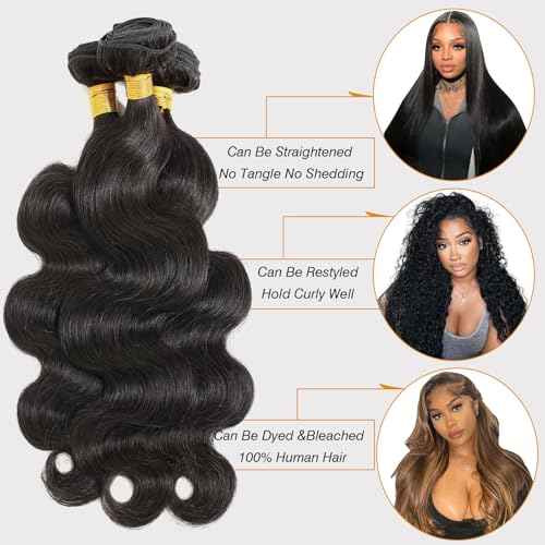 12A Human Hair Bundles 22 24 26 Inch Body Wave Bundles Human Hair 100% Unprocessed Brazilian Virgin Hair Quick Weave Extensions Natural Black