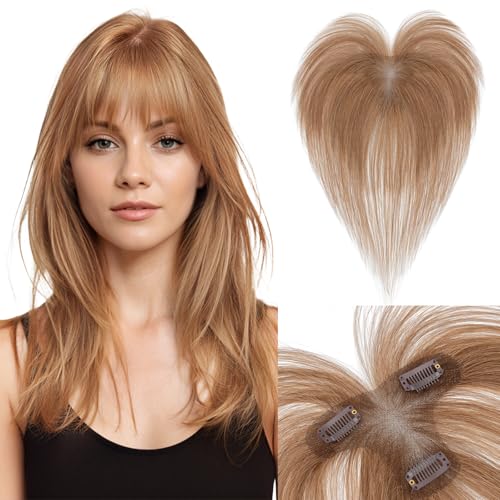 Women's Clip In Human Hair Topper, with 360¡Æ 3D Cover Air Bangs - for Thinning Hair, Straight, 11 Inch, Light Brown, 9x12 CM Upgraded Seamless Silk Base, Lightweight, Breathable