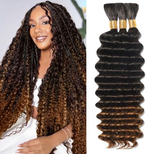 Ombre Human Braiding Hair for Boho Braids 22 Inch 120g Deep Wave Bulk Boho Human Hair for Braiding Curly Knotless Bohemian Braids 12A 100% Brazilian Virgin No Weft Extensions 3 Bundles/Pack T1B/30