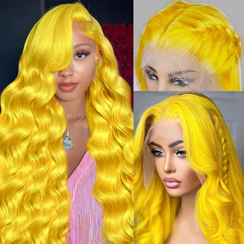 26 Inch Yellow Lace Front Wig Human Hair 200% Density Blonde Wig Human Hair Body Wave Lace Front Wigs Human Hair Pre Plucked 13x4 HD Lace Frontal Wig Yellow Colored Wigs Human Hair Glueless Wig