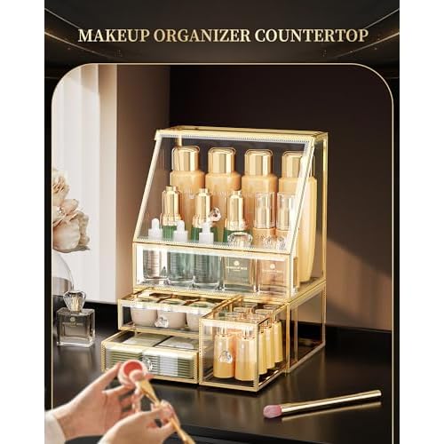 Makeup Organizer for Vanity, Clear Makeup Organizer with Drawer, Skincare Holder for Bathroom Countertop,Cosmetic Display Case for Dresser