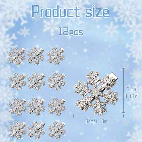 12 Pcs Snowflake Hair Clips - Rhinestone Pearl Accessories, Christmas Sparkly Pins, Cute Small Silver Metal Barrettes for Women Girls