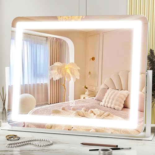 HNV 22"x17" Vanity Mirror with Lights, LED Makeup Mirror with 3 Color Modes & Dimmable Touch Control, 360¡Æ Rotation, Aluminum Frame, Large Lighted Mirror for Bedroom or Dressing Table