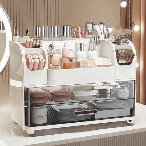 Makeup Organizer with Drawers for Vanity,Bathroom Countertop Organizer with Brushes Holder,Skincare Storage Organizer,Perfect Cosmetic Display Case for Skincare,Lipstick and Beauty Essential (White)