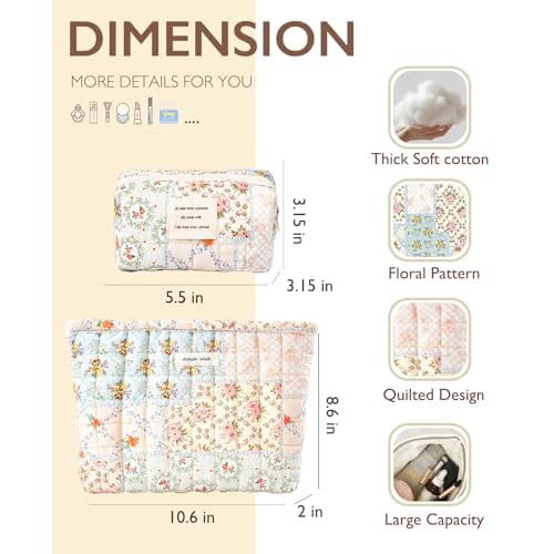 2 Pieces Floral Makeup Bag, Cute Travel Quilted Pouch Cosmetic Bag Organizer, Small Cotton Coquette Aesthetic Purse Toiletry Bag for Women Girls accessories (Blue Flower-2PCS)