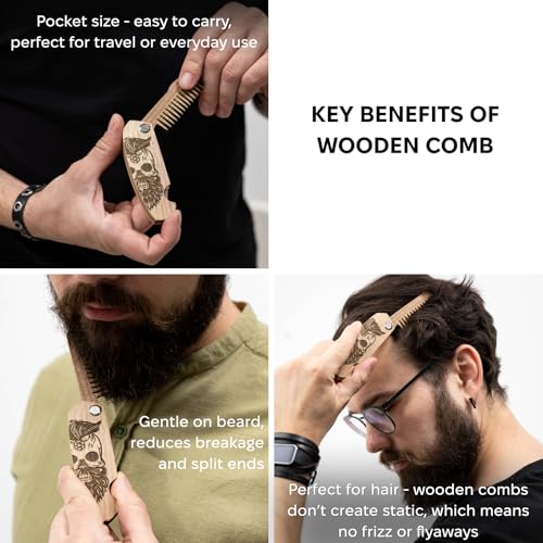 Enjoy The Wood Beard Comb for Men, Folding Pocket Beard Accessories for Men, Engraved Walnut Wooden Comb for Moustache, Beard & Hair For Him (Half Skull)