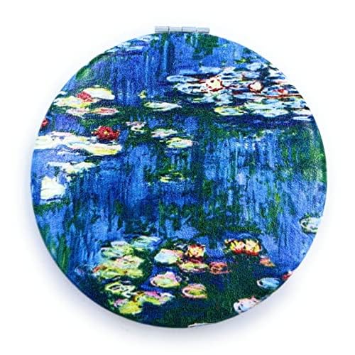 Small Handbag Mirror Compact Mirror for Girls Purse Mirror Folding Pu Leather Floral Compact Claude Monet Water Lilies Unique Gift for Sister